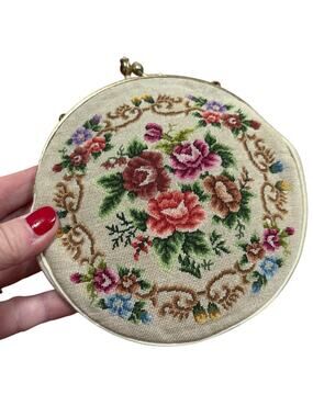 Vintage needlepoint petit point evening bag cream multicolor floral purse round